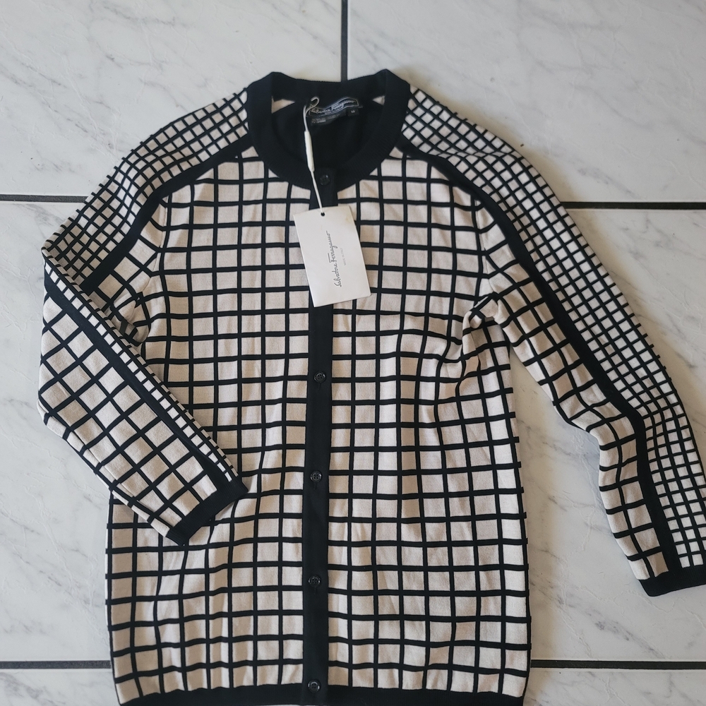 Salvatore Ferragamo Black and Cream Checkered Sweater